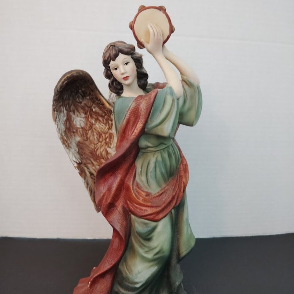Angel Statue Porcelain Collector Hand Painted Playing Musical Tamborine  Figure